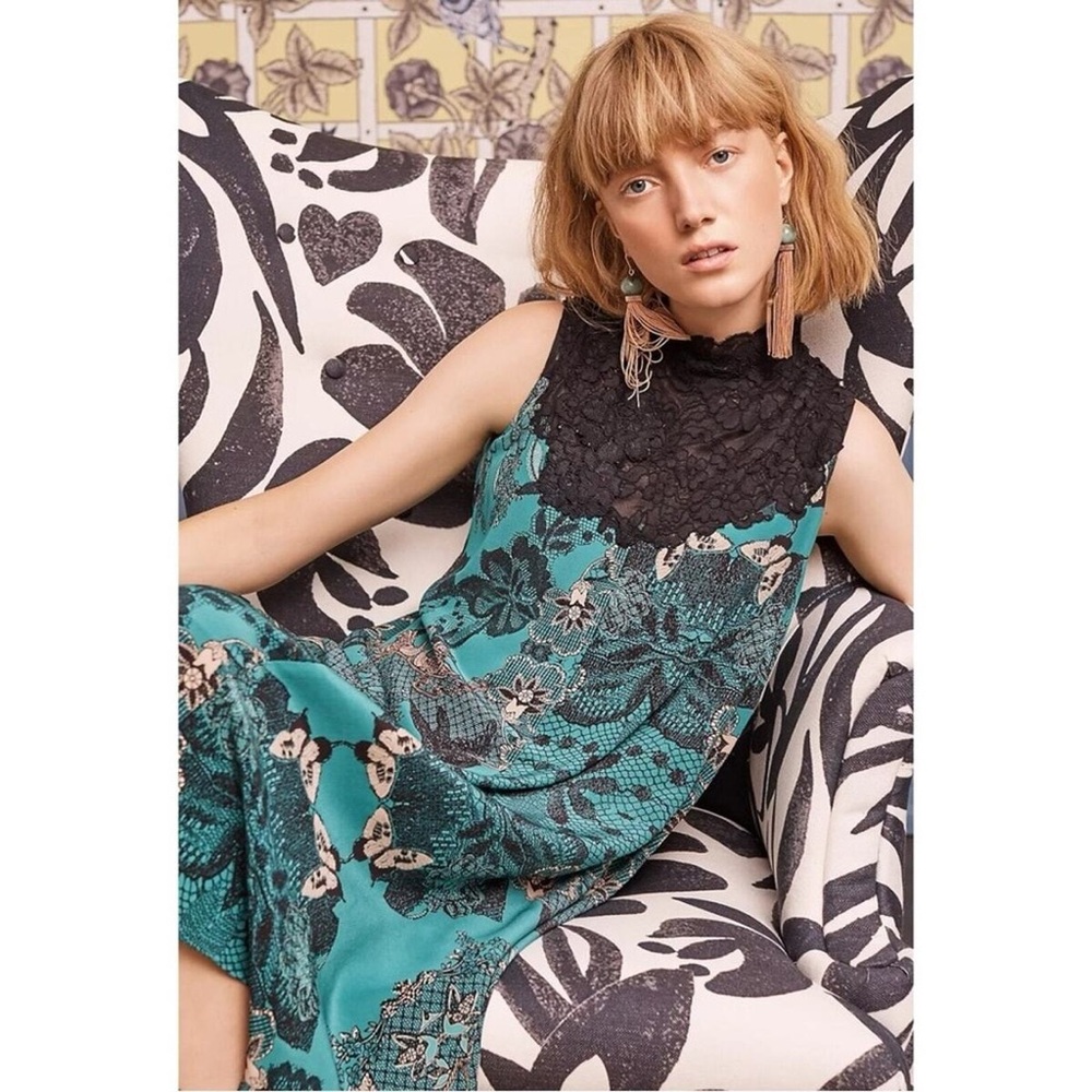 Anthropologie Maeve Silk blend Butterfly Swan Green print Lace top Swing Dress - Picture 2 of 16